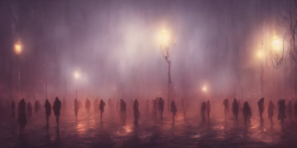 Prompt: a thick swirling fog obscuring a parade, soft lighting, night, unreal engine, digital art, 8 k, oil painting, fantasy art, illustration, detailed and intricate environment