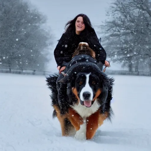 Image similar to girl riding giant Bernese Mountain Dog in the snow, trending on artstation