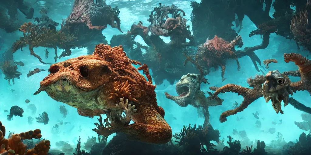 Image similar to underwater enviroment with spondilus creatures, unreal 5, hyperrealistic, realistic, photorealistic, dynamic lighting, highly detailed, cinematic landscape, studio landscape, studio lighting