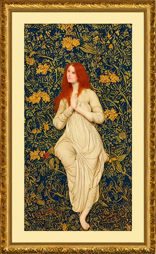 Image similar to full body reclining masterpiece of preraphaelite portrait photography, brown hair fringe, yellow ochre ornate medieval dress, william morris and kilian eng and mucha, framed, 4 k