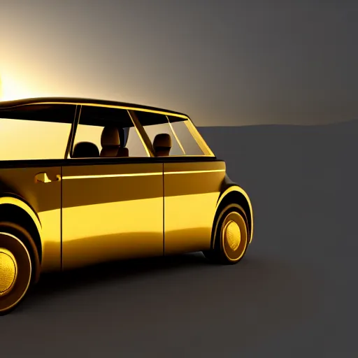 Prompt: ein goldenes auto das auf einer strße aus schokolade fahrt bei einem sonnenuntergang. 8 k render
