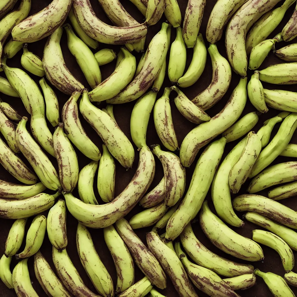 Image similar to very ripe bananas organized like a complex fractal, cracked, vegetable foliage, art nouveau fractal with petal shape, and stems, mesh roots, hyper real, food photography, high quality