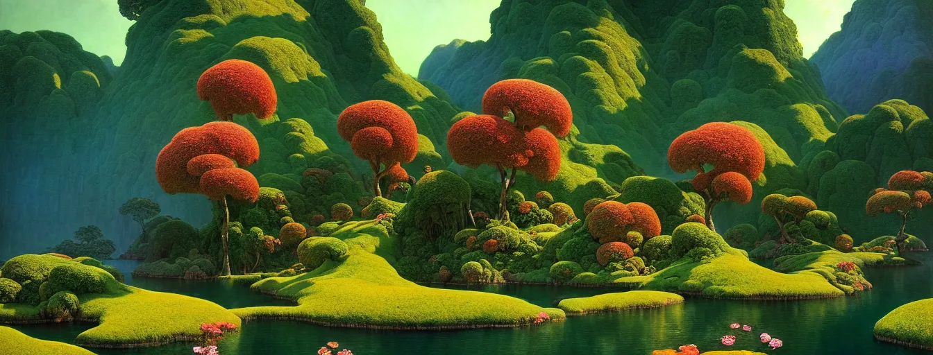 Image similar to a gorgeous very early spring series of lush islands separated by flower - lined streams, twisted gardens, painting by barlowe wayne maxfield parrish and marco mazzoni. tree no leaf!!!! china mountain village!! very little light verdancy. ultra clear detailed. 3 d, octane render. turbulent blood lake.