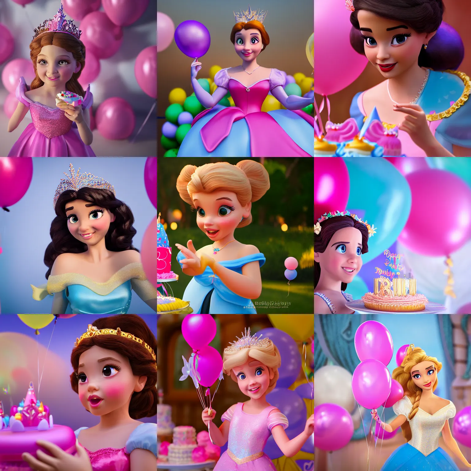 Prompt: a closeup photorealistic photograph of disney princess sophia at her birthday with balloons and cake. brightly lit scene. this 4 k hd image is trending on artstation, featured on behance, well - rendered, extra crisp, features intricate detail, epic composition and the style of unreal engine.