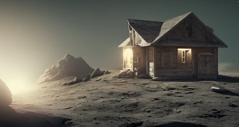 Prompt: A small house on the Moon, stunning photo, cinematic lighting, perfect, 8K, ultra-detailed , Trending on artstation, Octane render, Unreal Engine, highly detailed,