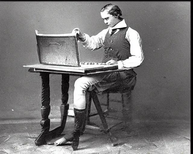 Image similar to an early 1800s photo of someone sitting at a computer making a donut on a computer in blender3d