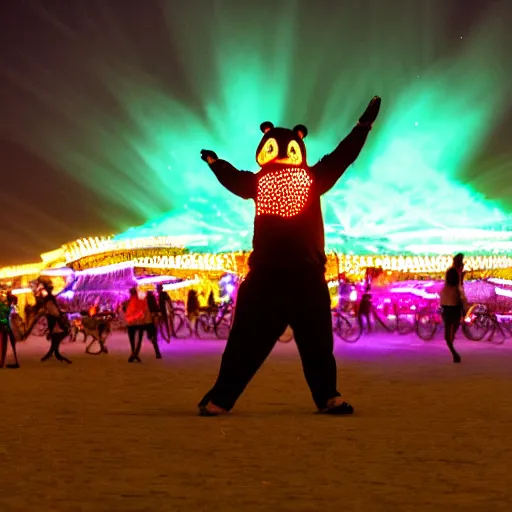 Prompt: a panda wearing led - lined clothing dancing at night on a busy playa at burning man