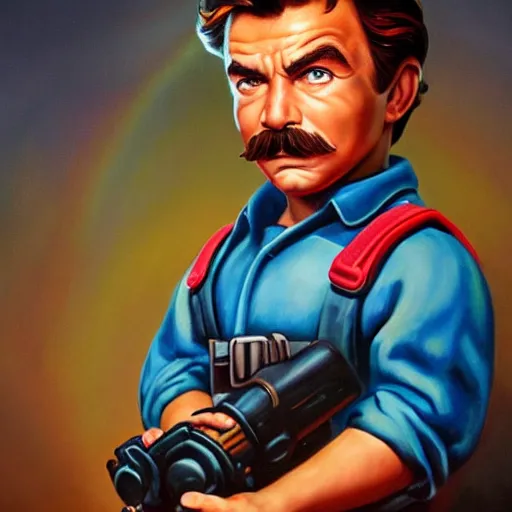 Prompt: ultra realistic portrait painting of tom selleck as vault boy, art by frank frazetta, 4 k, ultra realistic, highly detailed, epic lighting