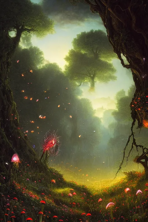 Prompt: a beautiful digital landscape painting of a detailed gothic fantasy fireflies and roots, dark mushroom, flowers by benoit b. mandelbrot, steven belledin, martin johnson heade, lee madgwick, caspar david friedrich, and david rios ferreira. 8 k resolution trending on artstation concept art digital illustration