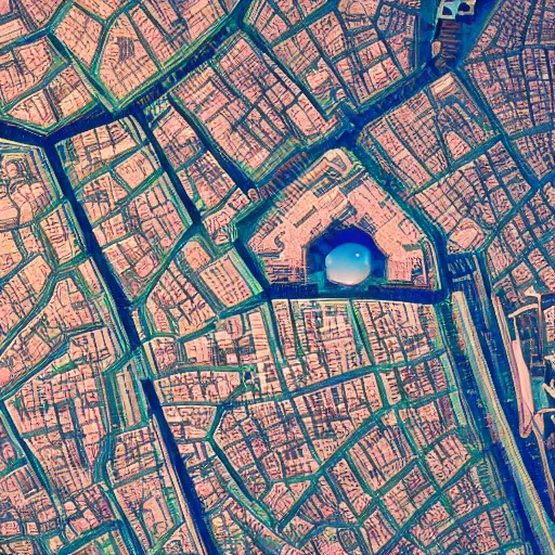 Prompt: birdview of city shaped into mandelbulb pattern