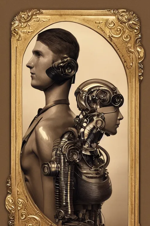 Image similar to a beautiful ultradetailed vintage photo of two cyborgs facing away from each other looking at their cellphones, by tom bagshaw and anna dittman, couples portrait, vignette, 3 5 mm lens, golden ratio composition, detailed faces, studio photography, very detailed, humanoids, industrial robots, artstation, 8 k, highly coherent