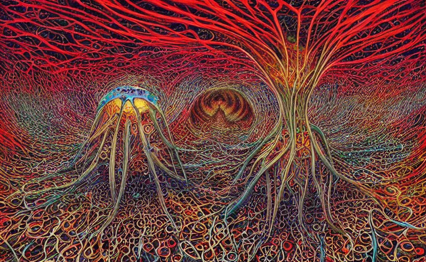 Prompt: beautiful psychedelic amanita muscaria energy flow in the style of peter gric