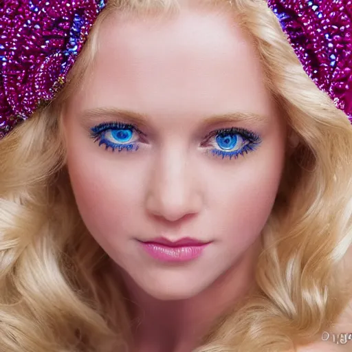 Image similar to close up headshot of a princess with long blonde hair and blue eyes wearing a strapless elaborately beaded pink dress, high resolution film still, 8k, HDR color, film by Simon Langton and David Frankel, gazing eyes, narrow V-shaped chin