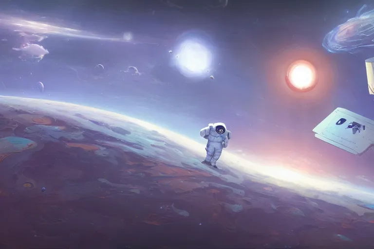 Prompt: an astronaut flies in space opposite a star by Tyler Edlin and Noah Bradley and Jim Burns award winning atmospheric epic and stunning