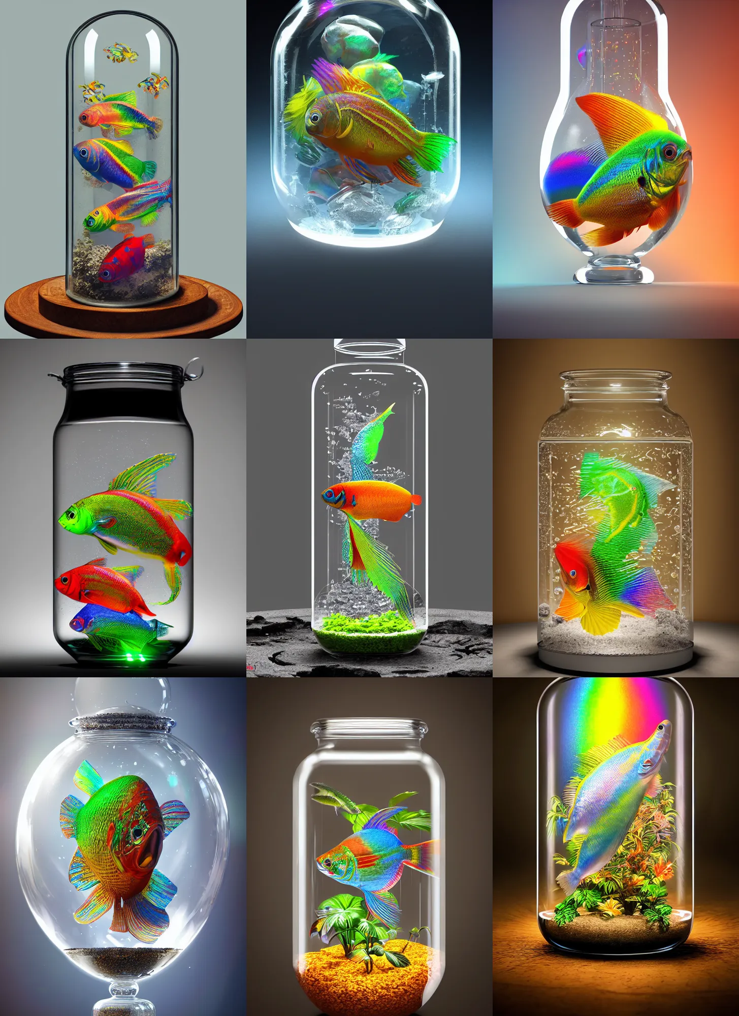 Prompt: rainbow gourami inside a glass jar, intricate detail, hourglass volumetric lighting, epic composition, hyper detailed, ultra realistic, sharp focus, octane render, volumetric, ray tracing, artstation trending, cgsociety, sense of awe, 4 k