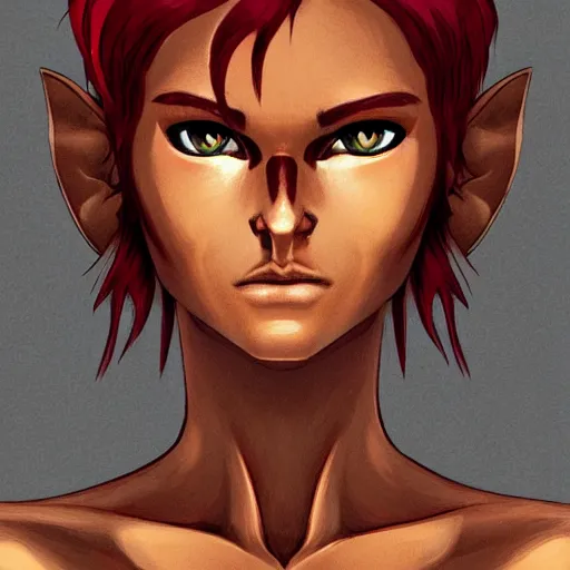 Prompt: dnd character illustration of a tanned half - elf with messy short red hair and golden eyes with slit pupils, androgynous, feral, glowing, golden hour