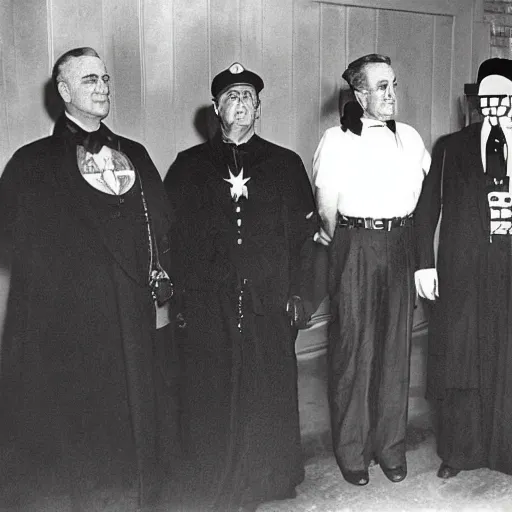 Image similar to Satanic States of America, goth Franklin Roosevelt, alternate history, FDR as a goth, occult symbols, 1941 photograph