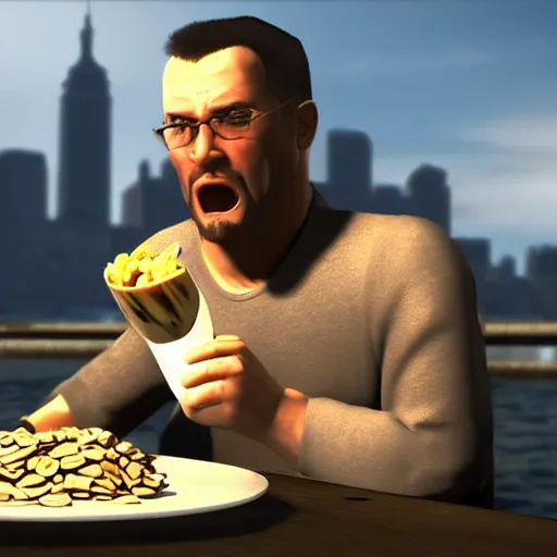 Prompt: jc denton from deus ex eats cereal at a table near liberty island, high quality, photorealistic, highly detailed, 4 k, hd