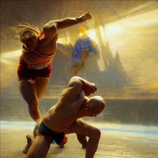 Image similar to bald wrestler breaking blonde wrestler's back, radiant light, caustics, heroic, bright iridescent light, by gaston bussiere, bayard wu, greg rutkowski, maxim verehin, epic wrestling combat, legendary