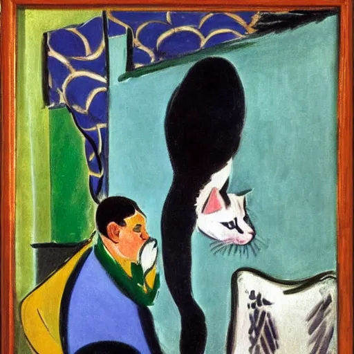 Prompt: An oil painting of a cat spitting on a man, colorful, by Henri Matisse