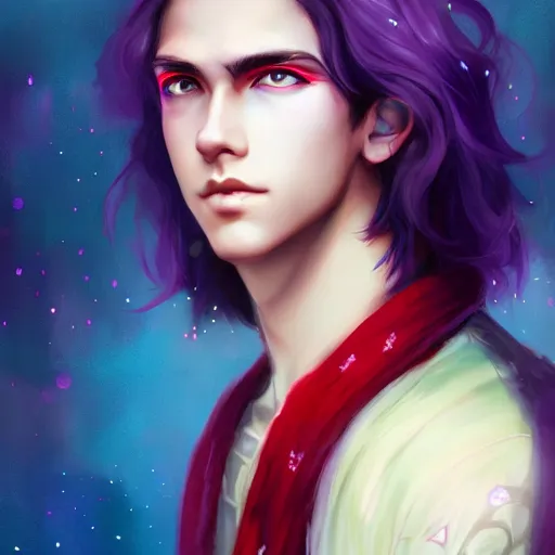 Prompt: colorful and Festive Captivating teenager boy with straight indigo hair, purple eyes with red eye markers, slim body, wearing a detailed Japanese kimono with golden details, atmospheric lighting, painted, intricate, 4k, highly detailed by Charlie Bowater