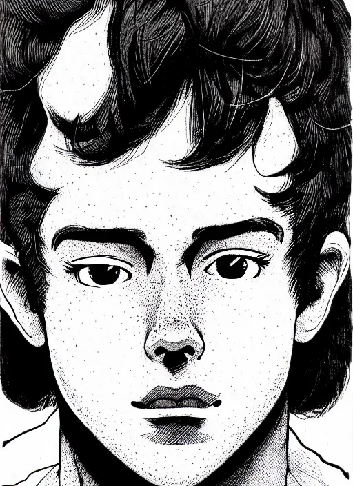 Prompt: portrait of teenage archie andrews, freckles, curly bangs, intricate, highly detailed, illustration, art by junji ito, junji ito
