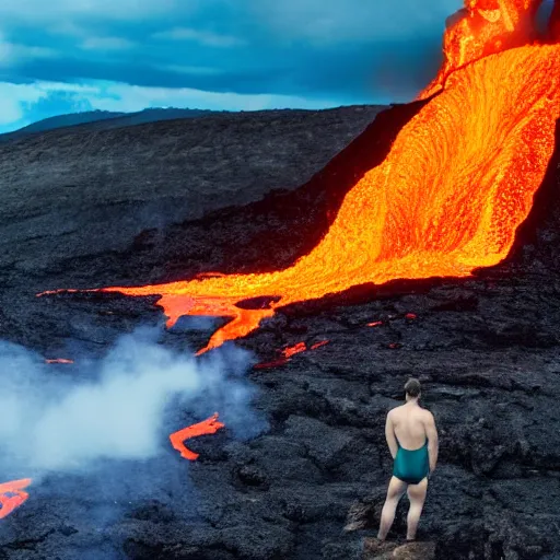 Image similar to man in a swimsuit blending with flowing lava on a volcano with magma eruptions