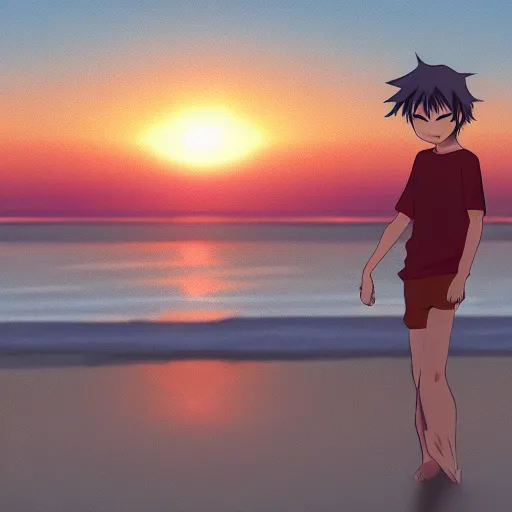 Image similar to Anime boy standing on the beach, smiling at the camera. Sunset. Anime Still frame.