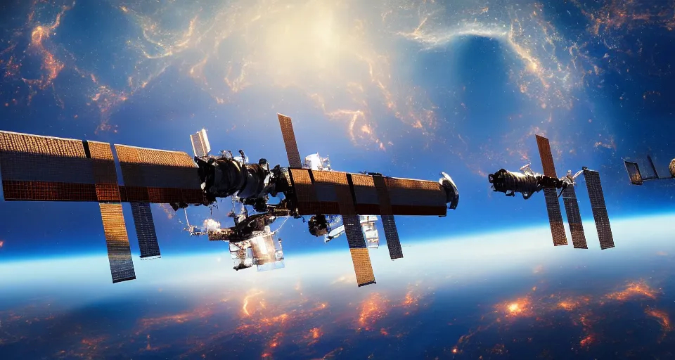Prompt: An oil painting of the International Space Station, dramatic lighting, trending on ArtStation, Unreal engine