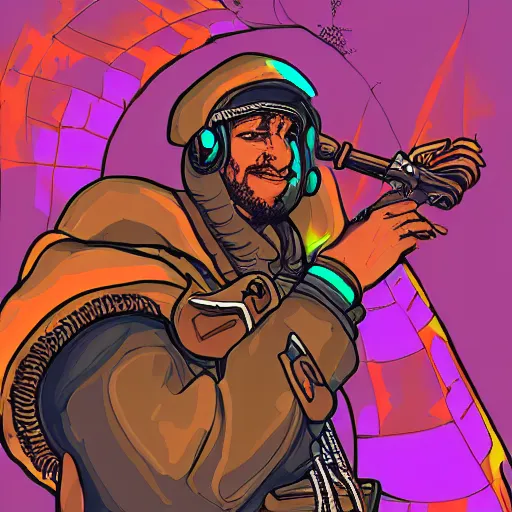 Image similar to digital illustration of a cyberpunk berber corsair at the helm of a ship