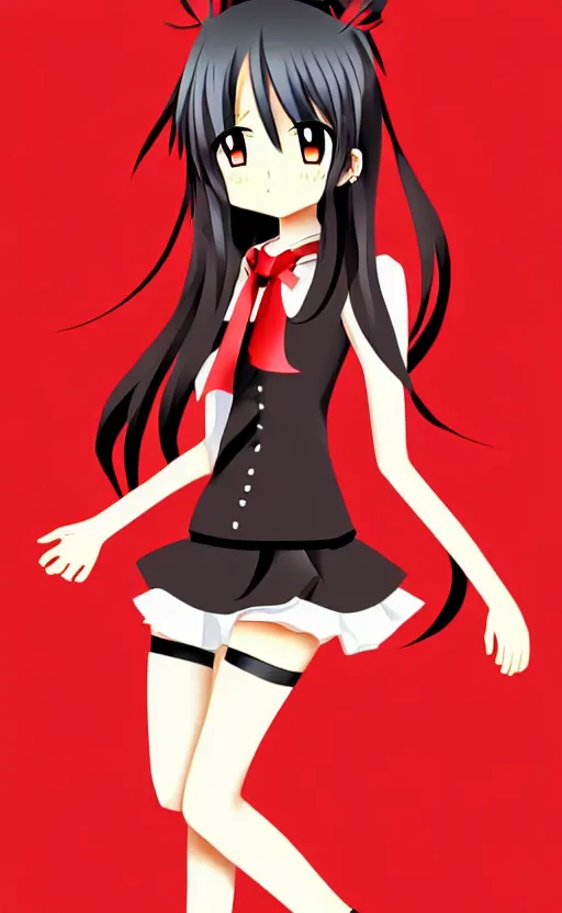 Image similar to anime girl with a detailed face and black hair in a red outfit placed in bottom half of illustration, full body, trending, illustration