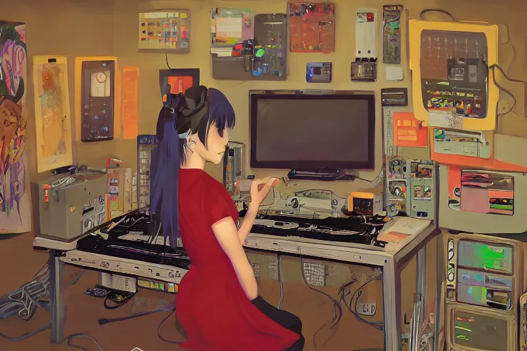 Image similar to painting of girl producing music, anime, cluttered, electronics, wire, dark lighting