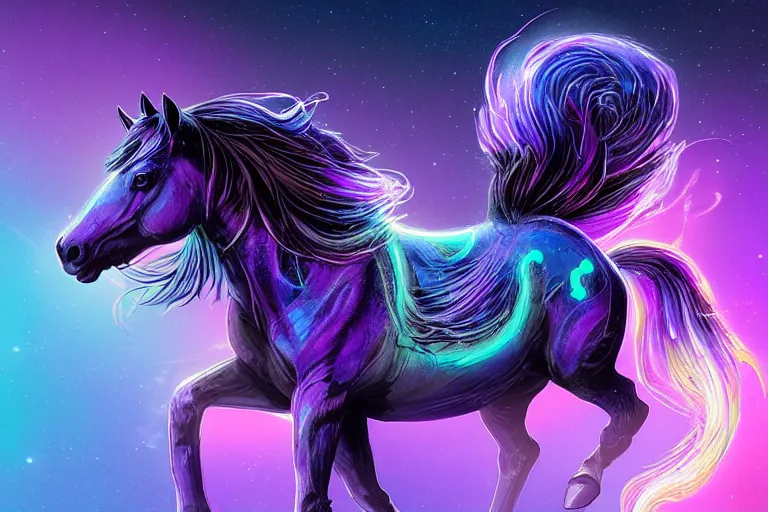 Prompt: a stunning horse with bioluminescent mane and tail running in space by sandra chevrier and greg rutkowski, neon hooves, purple blue color scheme, vaporware, retro, outrun, high key lighting, volumetric light, digital art, highly detailed, fine detail, intricate, ornate, complex, octane render, unreal engine, photorealistic