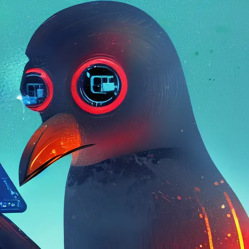 Prompt: cyberpunk penguin with oil leaking, danger gross tape around, smoke, sparkles, 4k quality