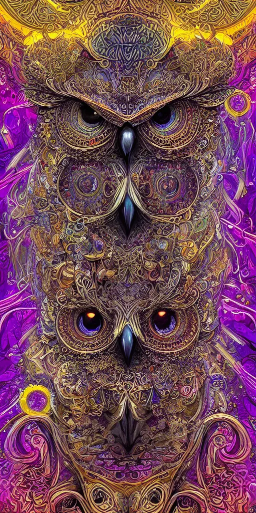 Image similar to intricate ornate of an owl with beautiful yellow eyes on a psychedelic journey in the style of android jones, sacred, ethereal, sacred geometry, hyper detailed, high detail, artstation, octane, unreal engine