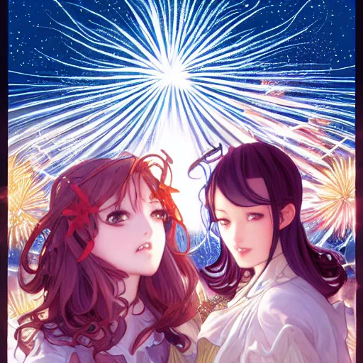 Image similar to two beautiful girls watching fireworks, digital art, by range murata, akiyuki shinbou, alphonse mucha, masamune shirow, josan gonzales, highly detailed, realistic, cinematic