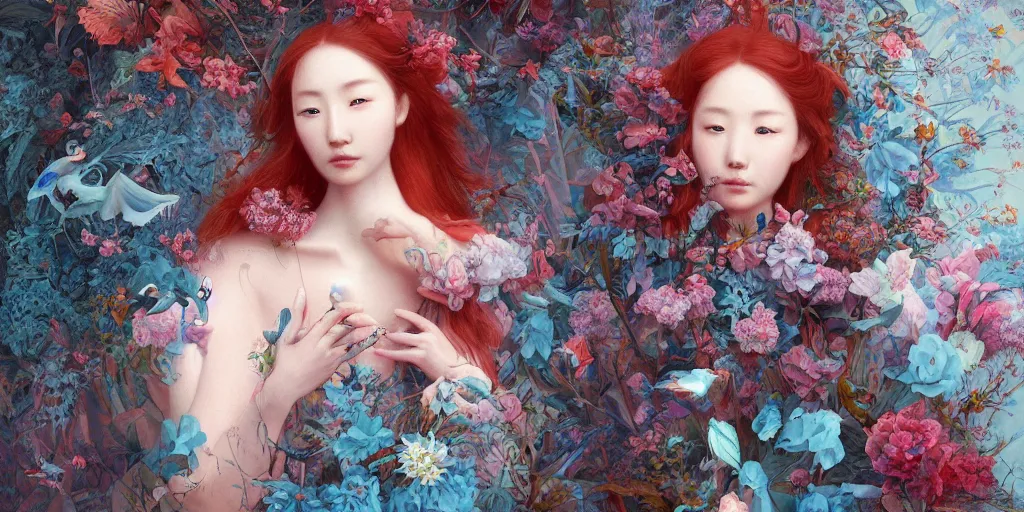 Prompt: breathtaking detailed concept art painting blend of two redhair goddess of light blue flowers by hsiao - ron cheng with anxious piercing eyes, vintage illustration pattern with bizarre compositions blend of flowers and fruits and birds by beto val and john james audubon, exquisite detail, extremely moody lighting, 8 k