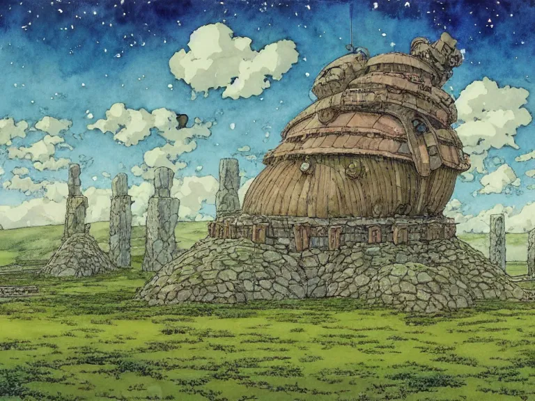 Image similar to hyperrealist studio ghibli watercolor fantasy concept art of an immense earthship solar home from howl's moving castle sitting on stonehenge like a stool. it is a misty starry night. by rebecca guay, michael kaluta, charles vess