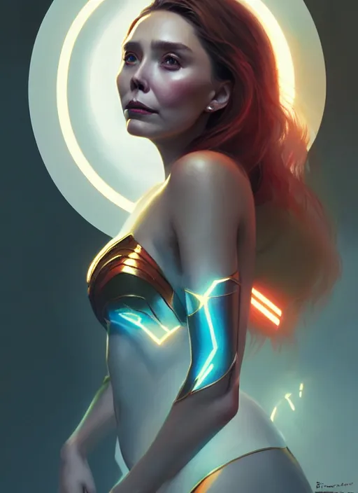 Image similar to portrait of modern darna, elizabeth olsen, intricate, elegant, glowing lights, highly detailed, digital painting, artstation, glamor pose, concept art, smooth, sharp focus, illustration, art by wlop, mars ravelo and greg rutkowski