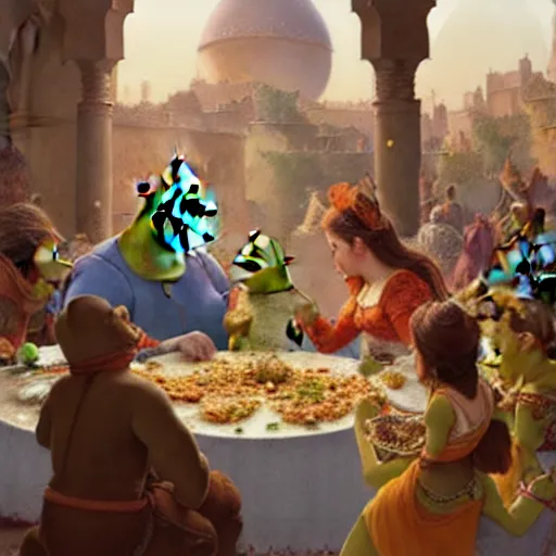 Image similar to shrek eats couscous with his family at a moroccan festival while everyone dances in joy, highly detailed, digital painting, artstation, concept art, sharp focus, illustration, art by greg rutkowski and alphonse mucha