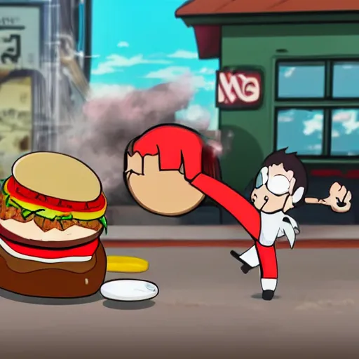 Prompt: a hamburger fighting in a war, anime, fight scene, epic,