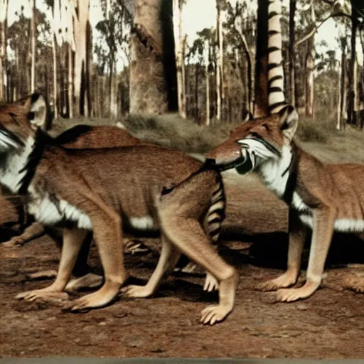 Prompt: a herd of tasmanian tigers thylacine