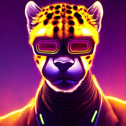 Image similar to a beautiful commission portrait of a male anthro cheetah wearing a neon jacket,futuristic,detailed face,mohawk,cyberpunk city,deviantart,artstation,art by greg rutkowski,ross tran,professional lighting,neon city,night,raytracing,highly realistic,4k,dramatic,hyperrealism