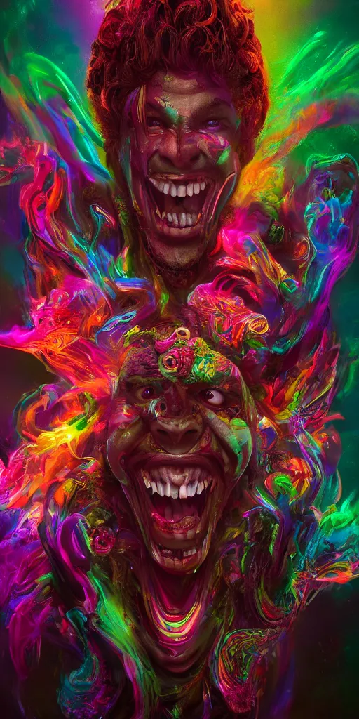 Image similar to impossibly beautiful portrait, dapper dream demon, snake man, wings, bad trip, insane smile, intricate complexity, surreal horror, inverted neon rainbow drip paint, trending on art station, photoreal, 8 k, octane render by greg rutkowski