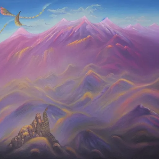 Image similar to Realm between the two mountains, fantasy, oil painting, extra detailed