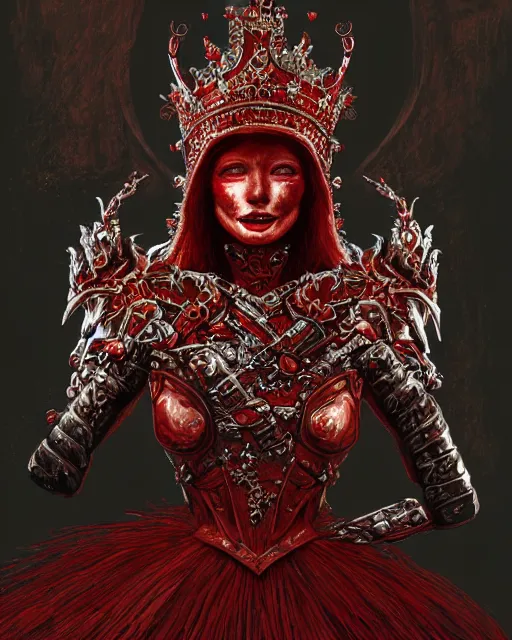 Image similar to redhead queen in heavy red armor, inside an epic gothic castle, baroque, large crown helmet, heart eyes, face with scars, mad grin, insane smile, intimidating, ominous, high fantasy, intricate detail, digital painting, artstation, concept art, smooth, sharp focus, illustration, art by yoshitaka amano and monia merlo and wlop