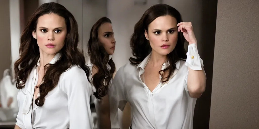 Image similar to ultra wide angle photo of rachel bilson dressed in a white blouse and black dress pants as diana prince looking at herself in a bathroom mirror and seeing her reflection as wonder woman