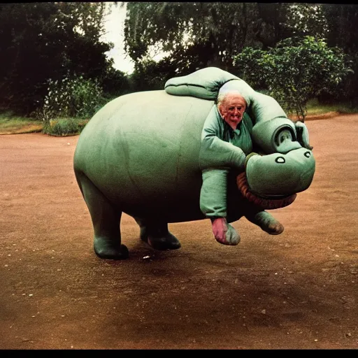 Image similar to a 3 5 mm photography, kodachrome colour, of grandpa with michelin man costume riding a hippo with strange creatures and alien plants inspired by bosch but in the real life, photos taken by martin parr