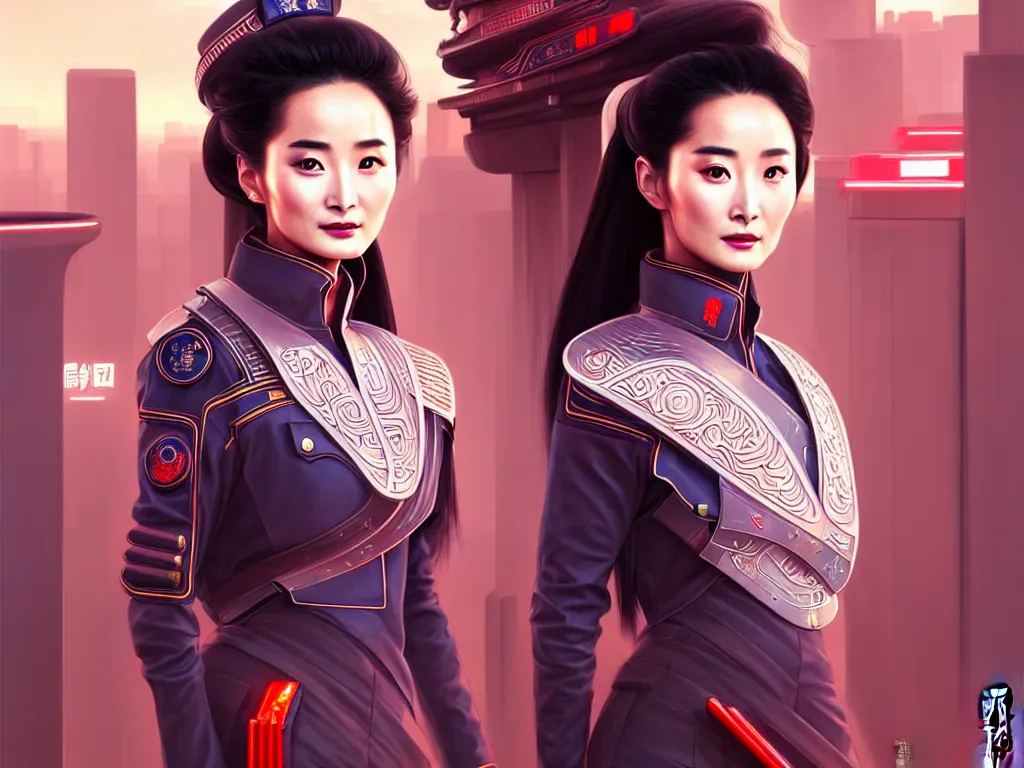 Image similar to portrait futuristic china police uniform female yang mi, at future neon light rooftop, ssci - fi and fantasy, intricate and very very beautiful and elegant, highly detailed, digital painting, artstation, concept art, smooth and sharp focus, illustration, art by tan zi and ayanamikodon and alphonse mucha and wlop