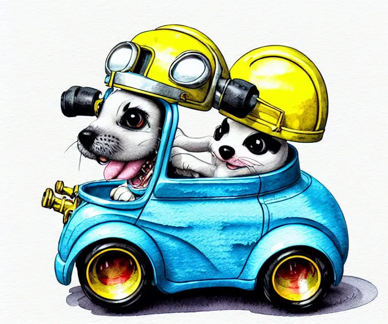 Prompt: cute and funny, puppy wearing a helmet riding in a tiny hot rod with an oversized engine, ratfink style by ed roth, centered award winning watercolor pen illustration, isometric illustration by chihiro iwasaki, edited by range murata, tiny details by artgerm and watercolor girl, symmetrically isometrically centered, sharply focused